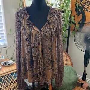 Free People Hendrix Earth Combo Floral Semi-Sheer Button Up Peasant Top